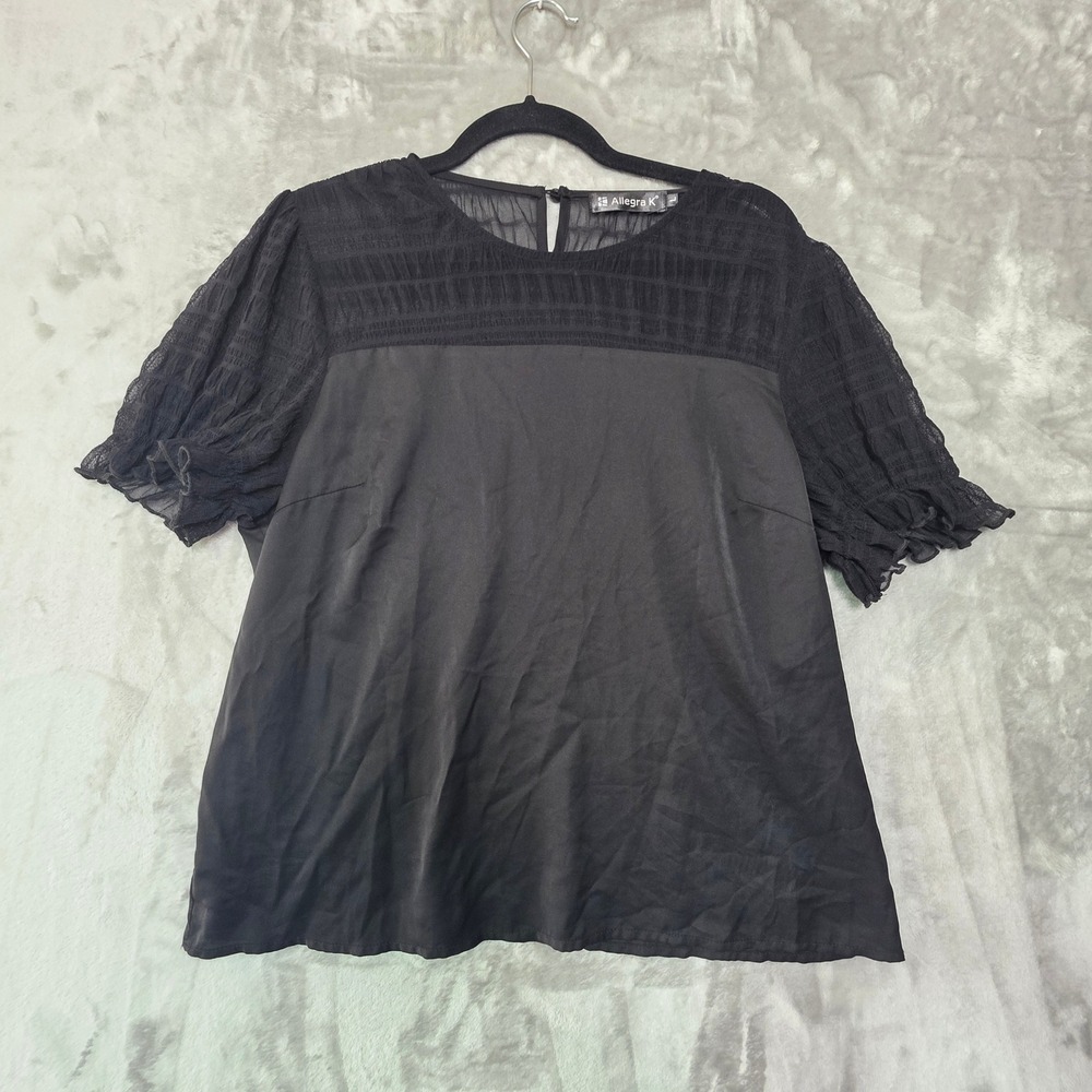 Allegra K Womens Black Sheer Mesh Yoke Satin Blouse Short Sleeve Top Large